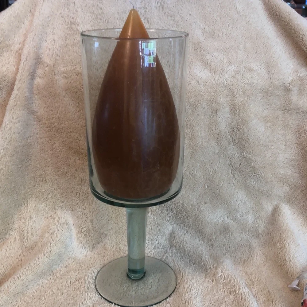 Hurricane Footed Green Glass Candle Holder 11.5x4.25” (candle listed separately)